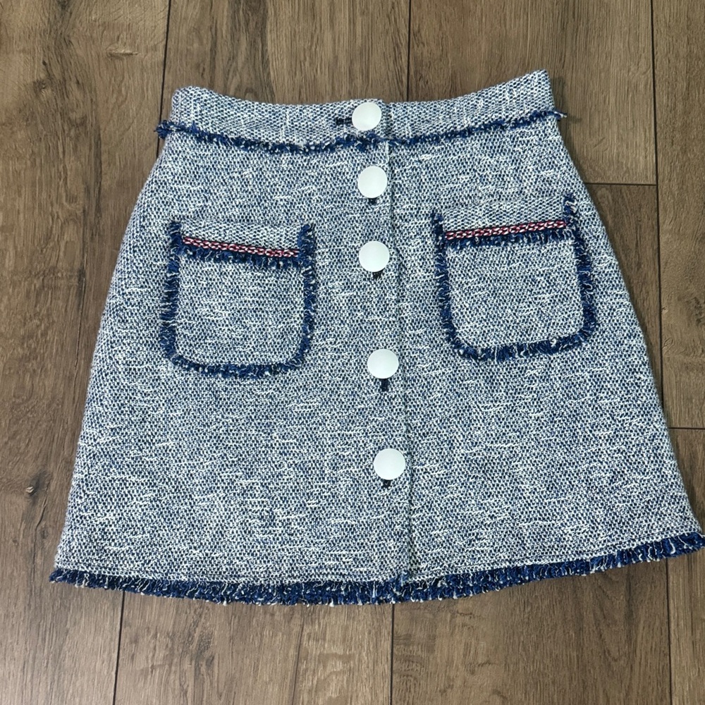 Zara Blue Tweed A-Line Skirt with White Buttons